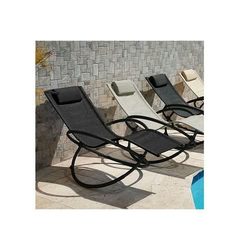 Zero Gravity Portable Foldable Rocking Chair in black with padded headrest on outdoor patio
