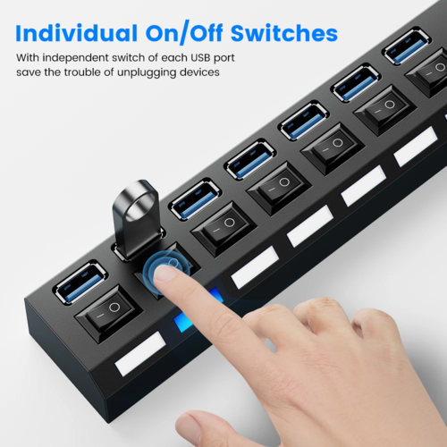 USB 3.0 hub with individual on/off switches for each port and finger pressing one switch