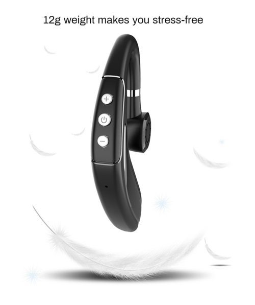 Black wireless Bluetooth headset with three control buttons and ear hook design