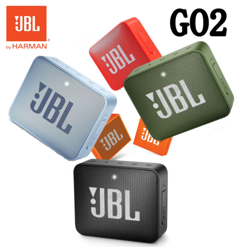 JBL GO 2 wireless Bluetooth speaker in multiple colors displayed at angles
