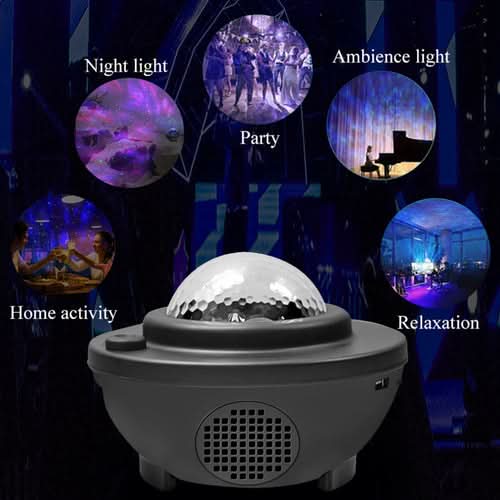 Galaxy projector with Bluetooth speaker showing night light, party, ambience, home activity, and relaxation lighting modes