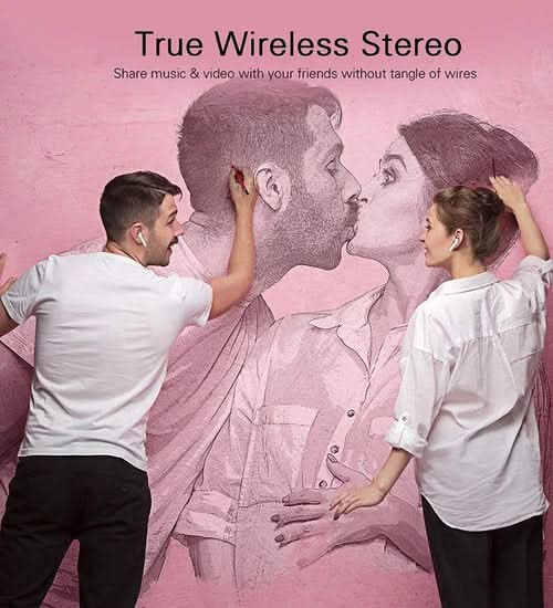 Bluetooth i7s TWS wireless earbuds displayed on pink mural with two people in white shirts