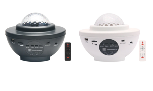 Galaxy Projector with Bluetooth Speaker in black and white, shown with remote and accessories