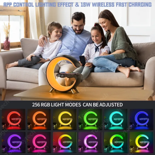 Multifunctional wireless charger alarm clock speaker with app-controlled RGB lighting in various colors