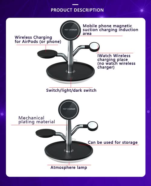 Universal wireless charging stand with charging pads for iPhone, Apple Watch, and AirPods, black base