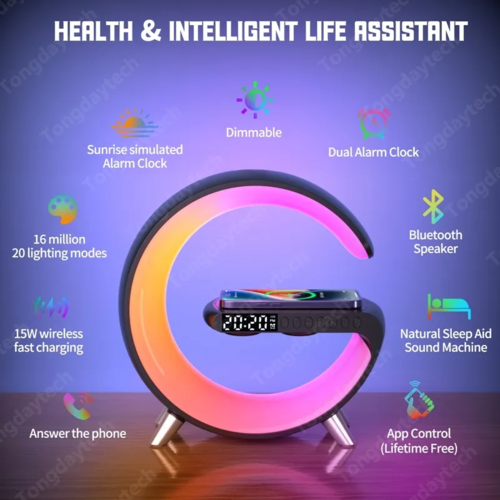 Multifunctional wireless charger alarm clock speaker with app control and colorful lighting display