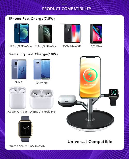 Universal wireless charging stand displaying compatible iPhone, Apple Watch, and AirPods models