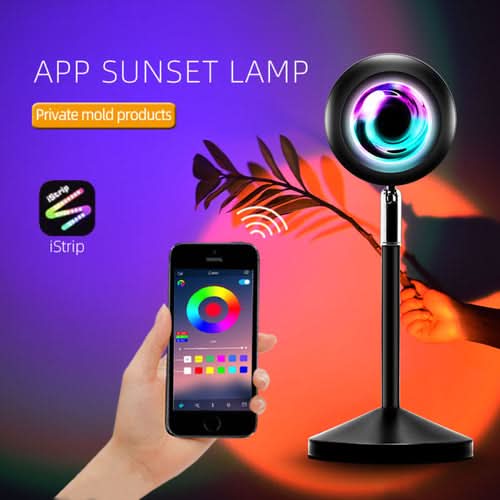 App Sunset Lamp with rainbow color wheel, smartphone control, and black stand displaying sunset projection
