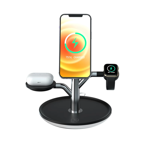 Universal wireless charging stand holding iPhone, Apple Watch, and AirPods simultaneously