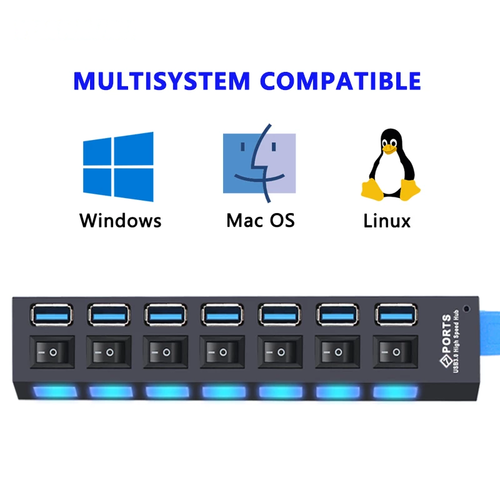 USB 3.0 hub with multiple ports, compatible with Windows, Mac OS, and Linux operating systems