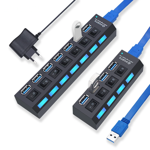 USB 3.0 hub with multiple ports, individual switches, and blue cables with power adapter