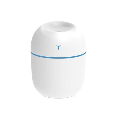 White portable ultrasonic humidifier with blue accent band and small opening on top