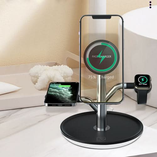Universal wireless charging stand with smartphone, smartwatch, and earbuds on desk