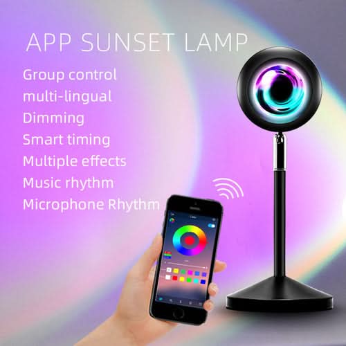 App-controlled sunset lamp with colorful ring light and smartphone remote displayed