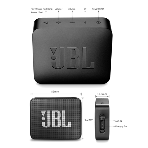 JBL GO 2 wireless Bluetooth speaker shown from multiple angles with control buttons and charging port visible
