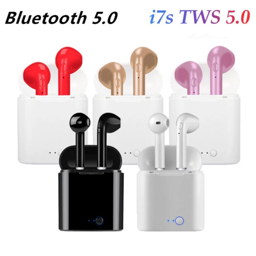 Bluetooth i7s TWS wireless earbuds in red, gold, pink, black, and white with charging cases