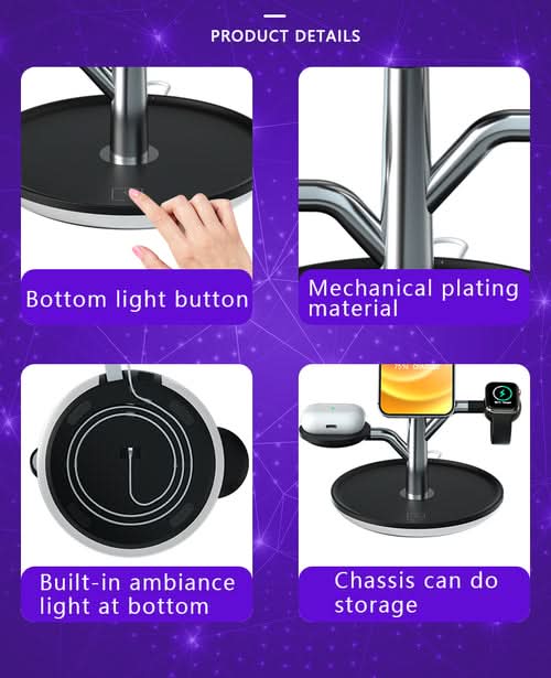 Universal Wireless Charging Stand with bottom light button, mechanical plating, ambient light, and storage chassis