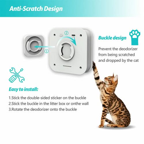 Smart Cat Odor Purifier for cat litter box with buckle design and installation diagram