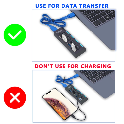 USB hub with blue cable shown connected to laptop for data transfer