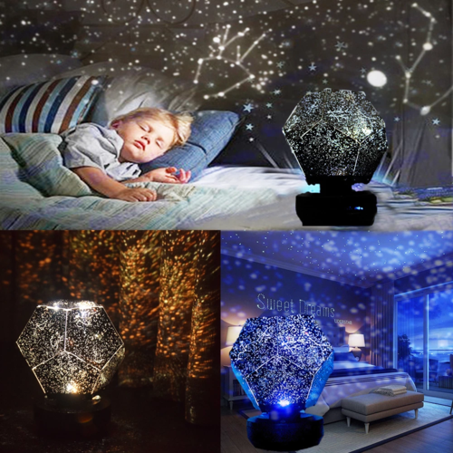 Bluetooth speaker with star light projector in four room settings, displaying white and blue galaxy lamp effects