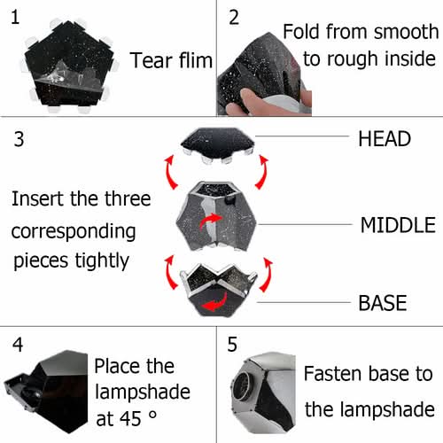 Assembly guide showing head, middle, and base pieces of Bluetooth Speaker Star Light Projector Galaxy Lamp