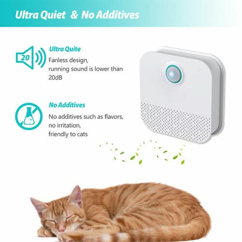 Smart cat odor purifier with fanless design, compact white unit with blue power button next to orange cat
