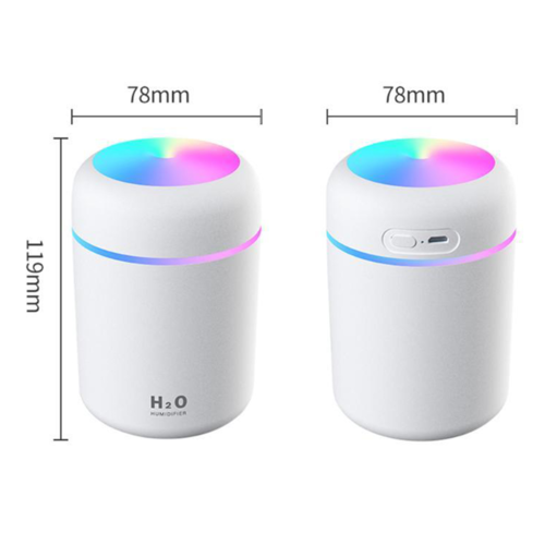 White cylindrical humidifier with gradient LED light on top, shown front and side view with dimensions