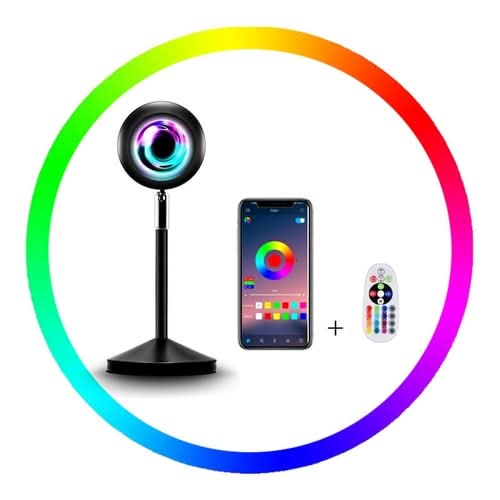Sunset lamp with RGB ring light, smartphone app control, and remote on black stand