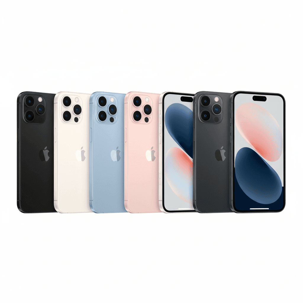 Apple iPhone 15, 15 Plus, 15 Pro, and 15 Pro Max in multiple colors on white background