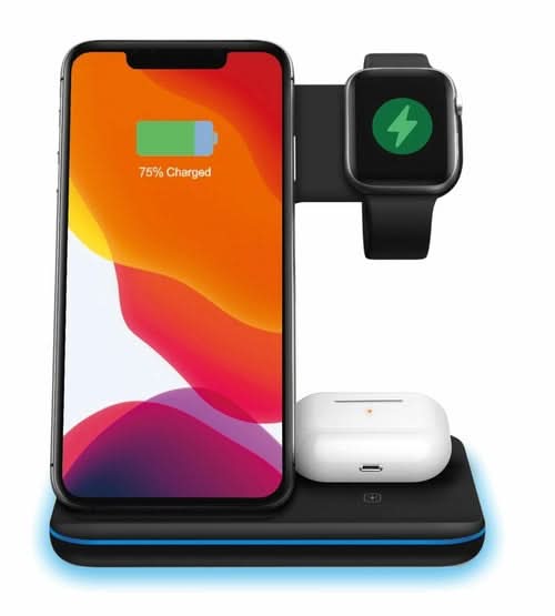 15W 3 in 1 Fast Wireless Charging Station with phone, smartwatch, and earbuds on black base with blue accent