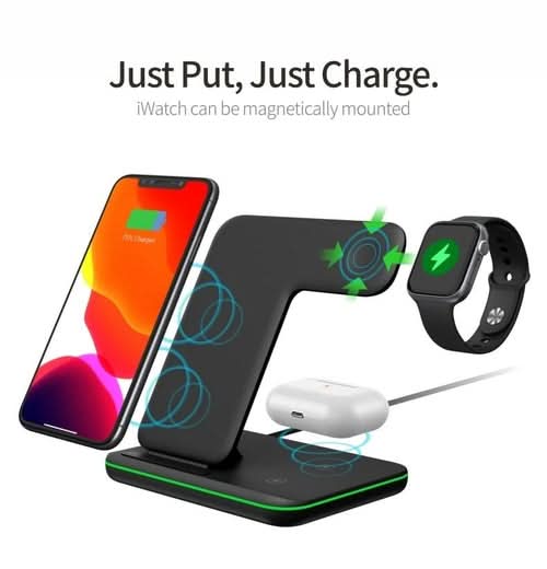 15W 3 in 1 Fast Wireless Charging Station with phone, watch, and earbuds on black stand with green accents