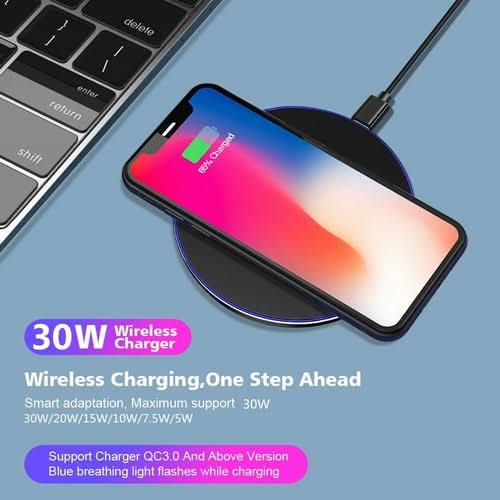 Dragon W9 Slim Wireless Charging Pad on blue background with smartphone displaying charging status