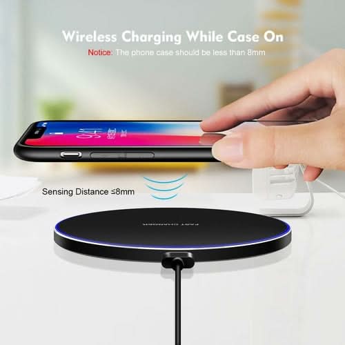 Dragon W9 Slim Wireless Charging Pad with phone in case positioned above it