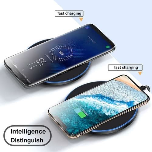Dragon W9 Slim Wireless Charging Pad with two smartphones charging on circular pads