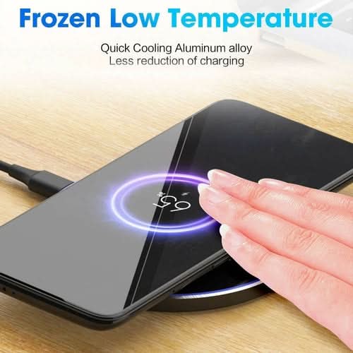 Dragon W9 Slim Wireless Charging Pad with finger touching illuminated surface on wooden table
