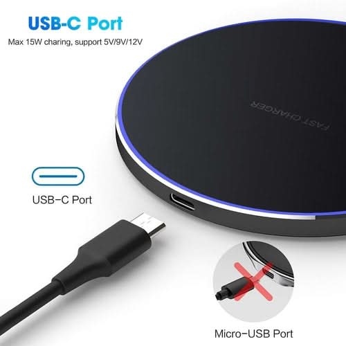 Dragon W9 Slim Wireless Charging Pad with USB-C port and blue LED ring, showing charging cable and micro-USB comparison
