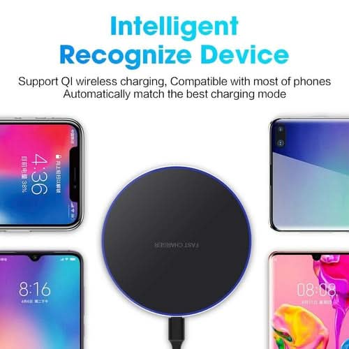 Dragon W9 Slim Wireless Charging Pad with phones surrounding it displaying charging compatibility