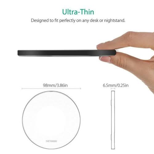 Dragon W9 Slim Wireless Charging Pad held in hand, showing ultra-thin design with dimensions labeled