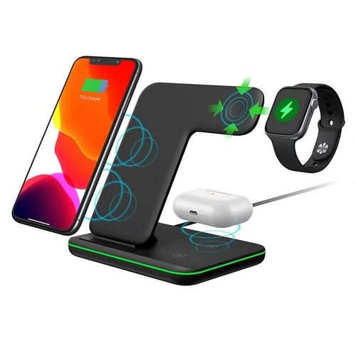 15W 3 in 1 Fast Wireless Charging Station with phone, smartwatch, and earbuds charging simultaneously