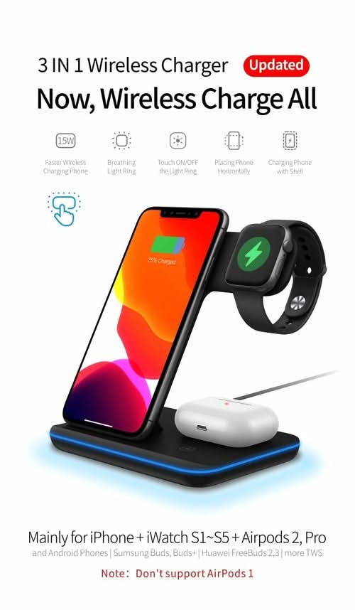 3 in 1 wireless charging station with phone, smartwatch, and earbuds charging simultaneously