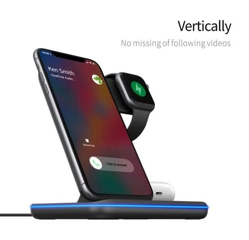 15W 3 in 1 wireless charging station with smartphone and smartwatch on dock