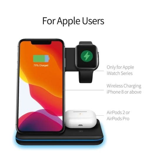 Black 3-in-1 wireless charging station with iPhone, Apple Watch, and AirPods charging surfaces