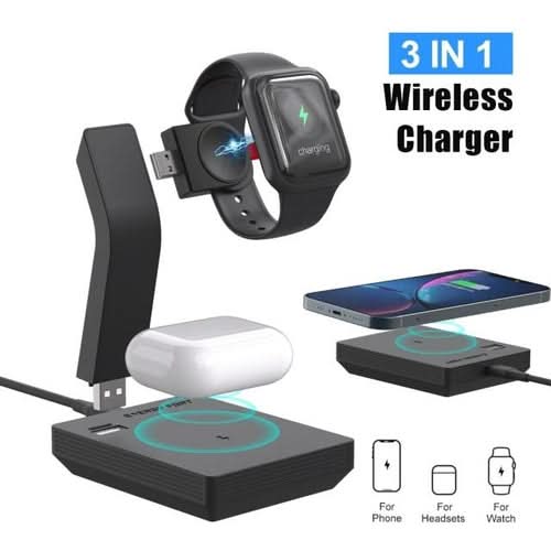 3-in-1 wireless charging station with smartwatch, phone, and earbuds charging