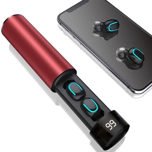 True Twin 2 In 1 wireless headphones with phone charger, shown in red and black with charging case