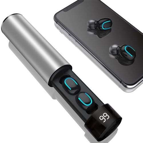 True Twin 2 In 1 wireless headphones with charging case and phone charger displayed with earbuds and charging interface