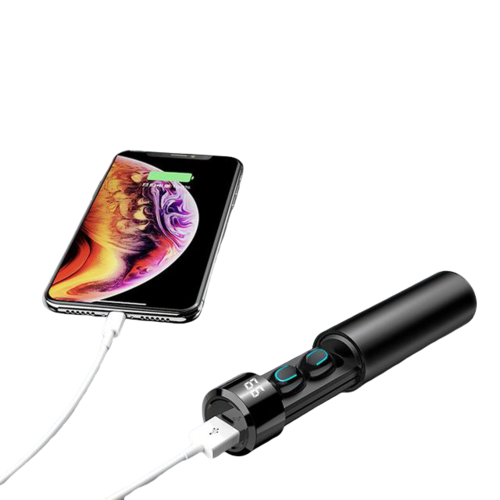 Wireless headphones and phone charger connected to smartphone via charging cable